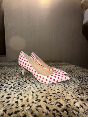 YDN Women Pointed Toe Red and White Polka Dot Stiletto Heel Pumps